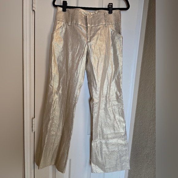 Alice + Olivia Melissa Gold Linen Low Rose Boot Cut Flare Pants - Picture 2 of 6